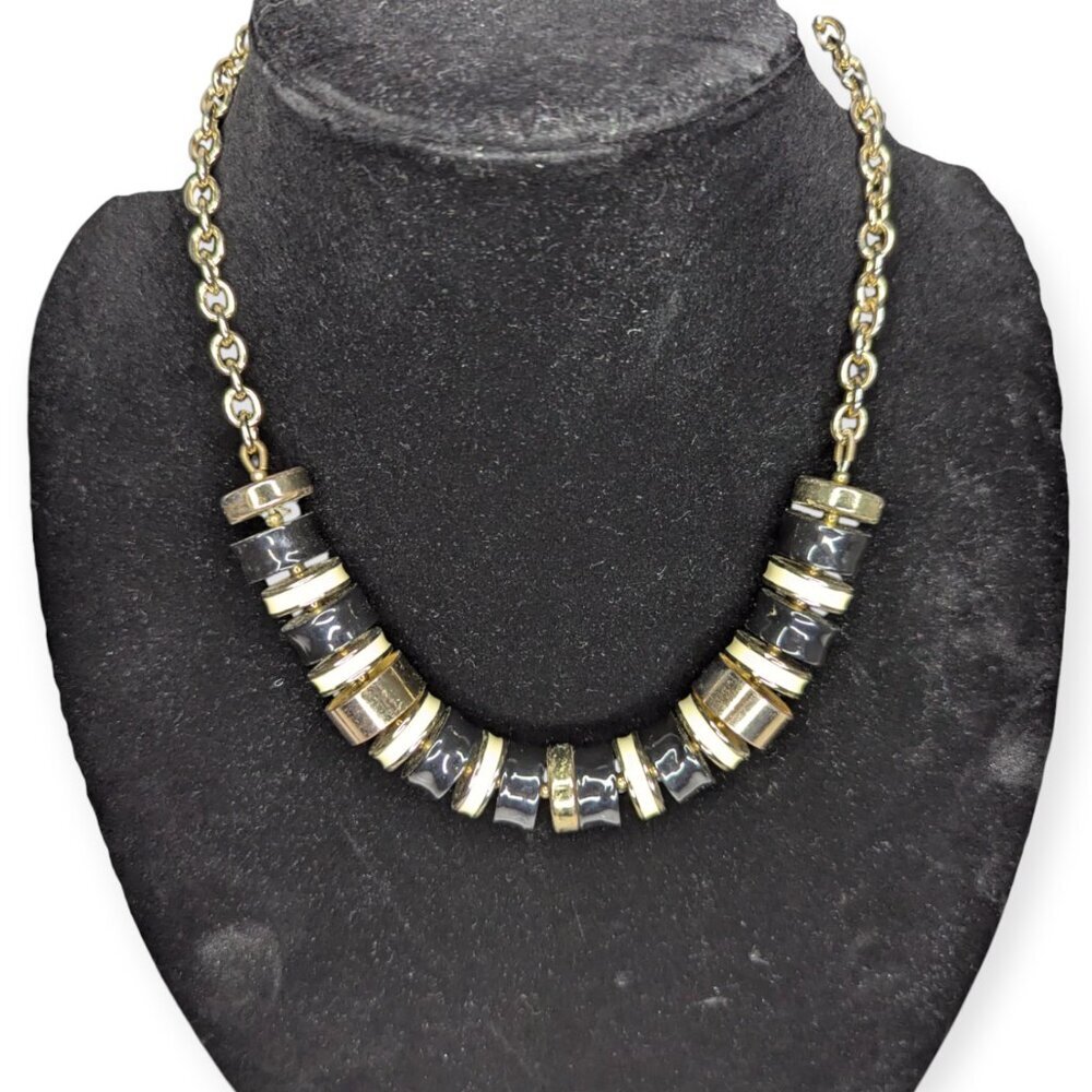 Talbots Signed Black & Gold Tone Chain Charm Necklace w/Lobster Clasp